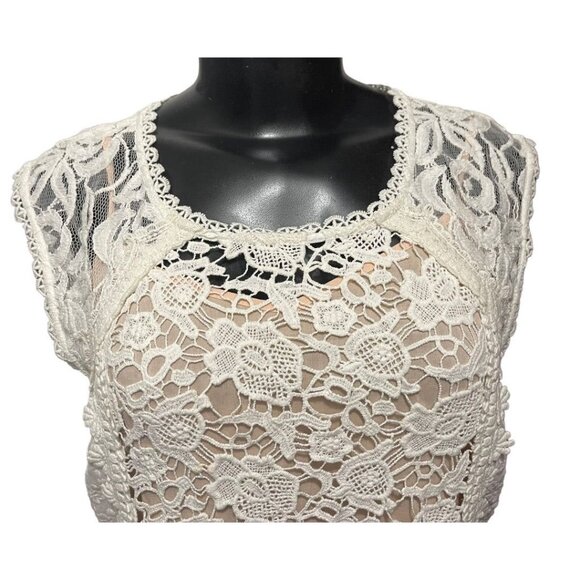 XS Champagne & Strawberry Lace Mini Dress Buttons Lined Ivory Nude Lining - Picture 7 of 11